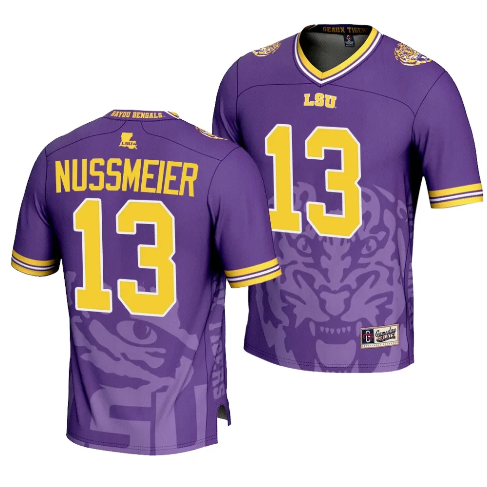 Men's LSU Tigers Garrett Nussmeier #13 Purple Icon Print Fashion NCAA Football Jersey